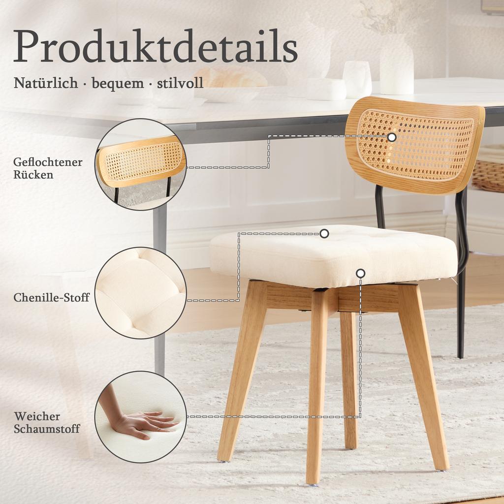 Set of 2 360 degrees Swivel Chairs, Kitchen Chairs in Mid-Century Modern Style, with Braided Backrest and Padded Seat (Beige, Chenille)