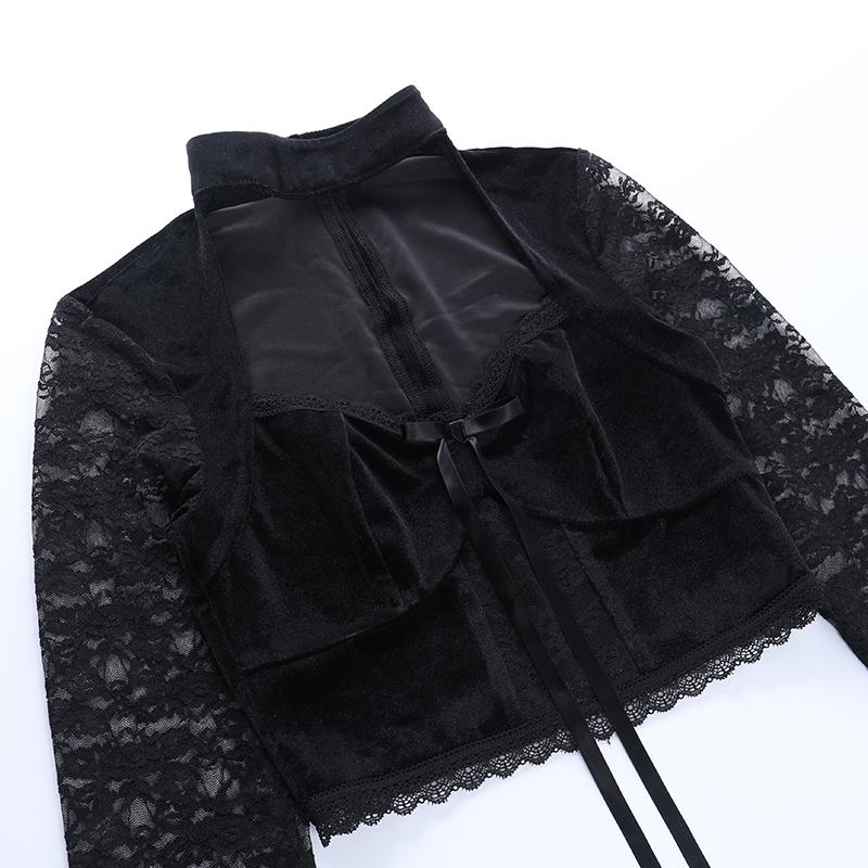 Готическая винтажная бархатная футболка с длинными рукавами и шнуровкой, укороченные топы