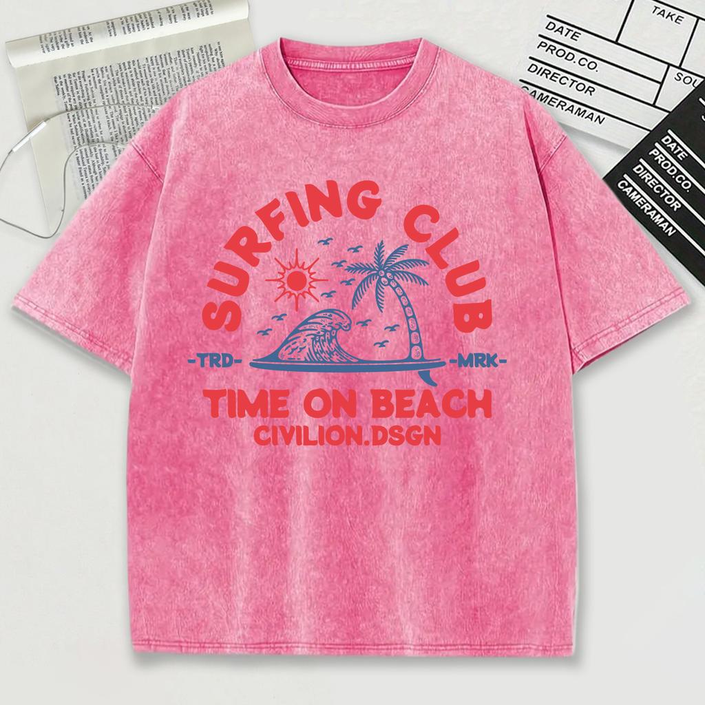 Время серфинг-клуба на пляже Принт Civilion Ретро футболки Летняя хлопковая свободная мужская футболка Мягкая спортивная одежда Стиранная одежда