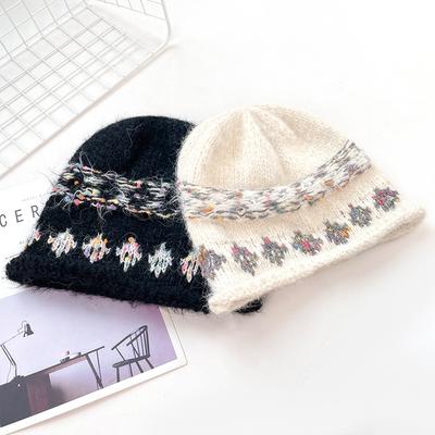 Корейская ретро жаккардовая вязаная шапка в стиле Fair Isle для женщин, зимняя теплая повязка на голову для защиты ушей, холодная шапка, подчеркивающая лицо, маленькая шерстяная шапка