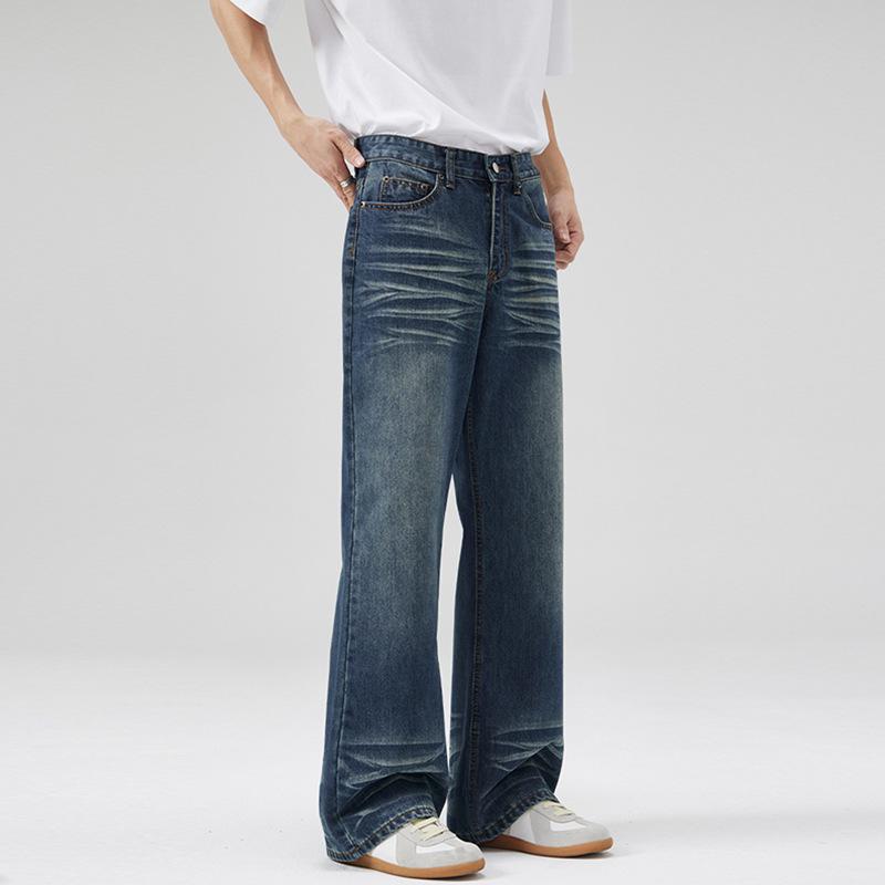 LKTM Джинсы унисекс в американском ретро-стиле, темно-синие, микроклеш, с потертостями, длинные