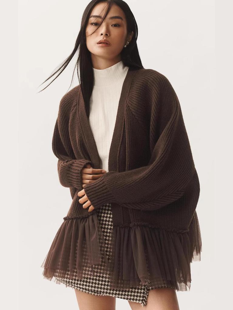 Mint Green Knit Sweater with V-Neck and Layered Tulle Ruffle Hem