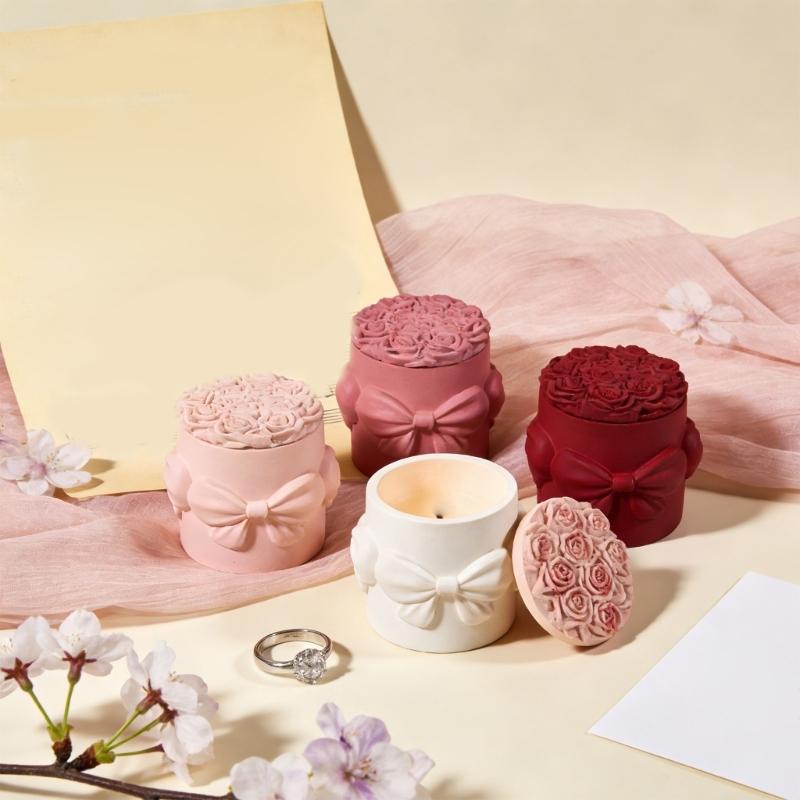 Силиконовые формы для баночек из смолы с тиснением в виде банта и розы, формы для стаканчиков для свечей с крышкой для изготовления контейнеров для свечей, праздничное украшение