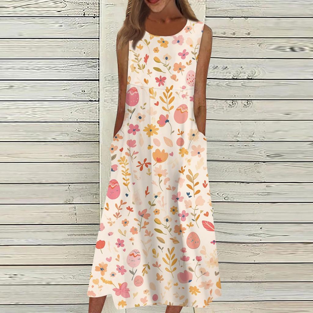 Жен. Повседневные платья с принтом Круглый вырез Классический Классический На открытом воздухе Повседневные Без рукавов Свободные платья