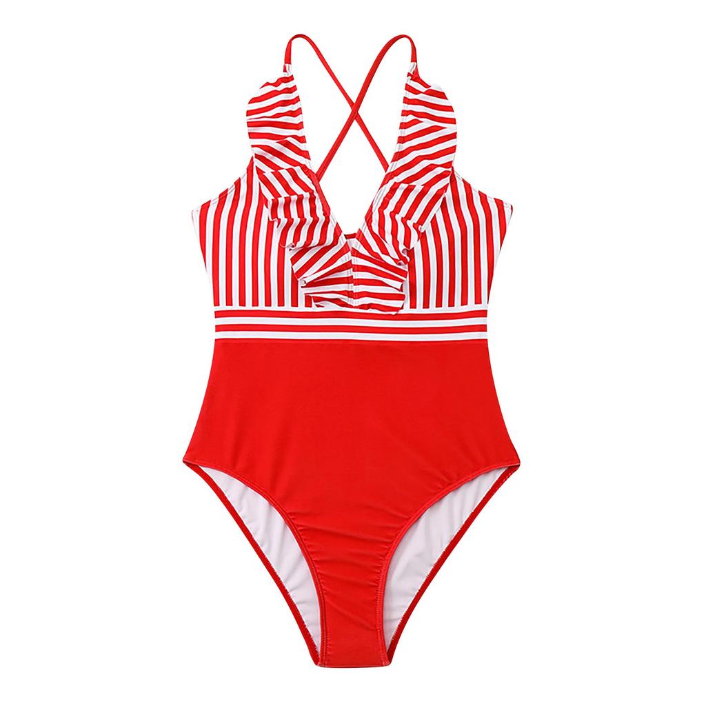 Летний женский цельный купальник с подушечками на груди без стального бюстгальтера, купальник бикини в полоску с принтом и оборками по краям