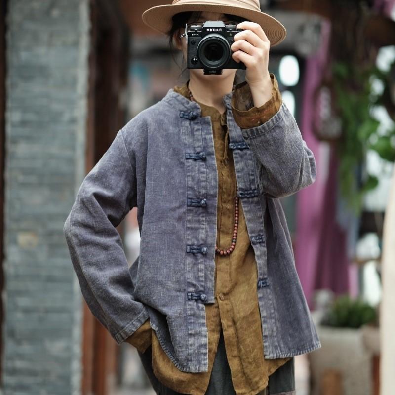 Johnature Осенняя женская рубашка с винтажным воротником в китайском стиле, хлопковая рубашка с длинными рукавами и пряжкой, однотонная свободная рубашка