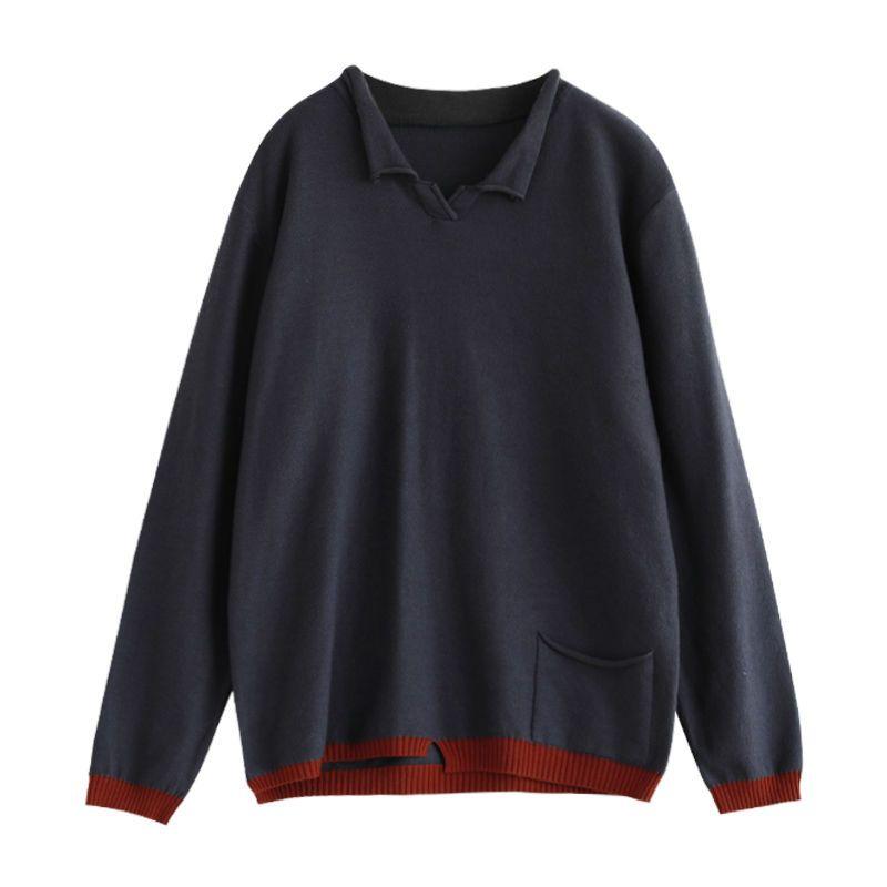 Plus Size Women's Spring Autumn Vintage Knitted Sweater Fake Two Pieces Loose Casual Bottoming Shirt Pullovers Tops