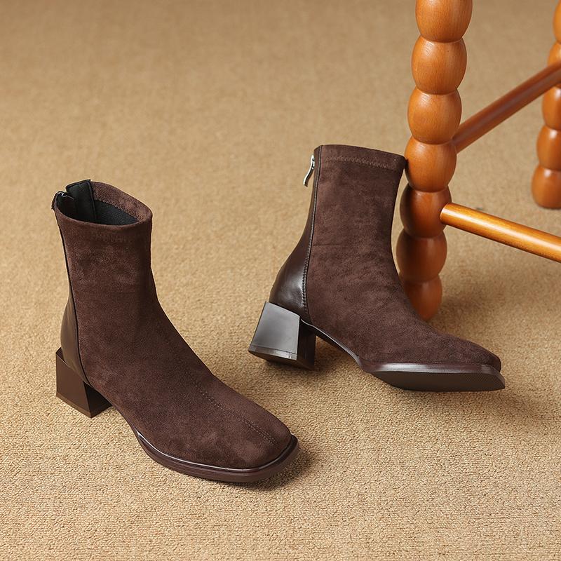 Krazing Pot Осенне-зимняя обувь из флока Ботинки Челси с квадратным носком, сохраняющие тепло, на молнии, эластичные ботильоны