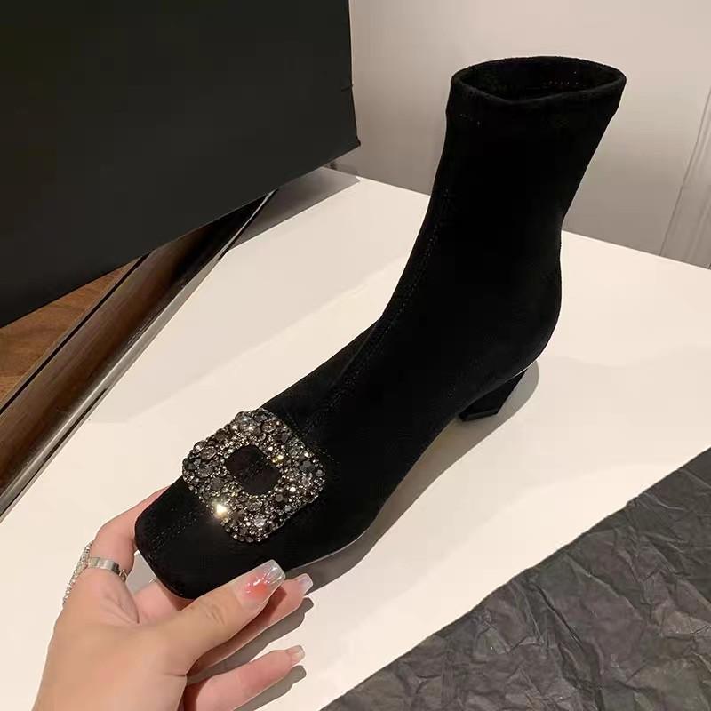 Французские ботильоны с квадратным носком и толстым каблуком женские 2025 осень и зима новая корейская версия стразы квадратная пряжка эластичные ботинки-носки до щиколотки