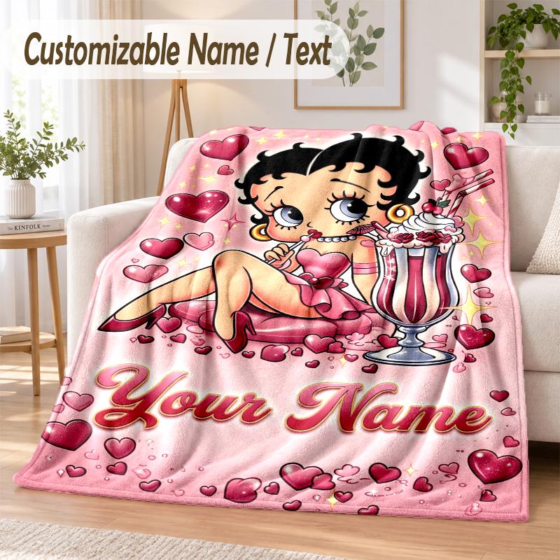 Betty Boop Custom Name Flannel Throw Blanket Soft Warm for Sofa Bed Indoor Home Use