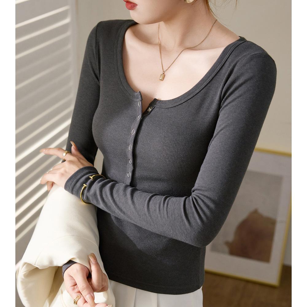 Button Base Shirt for Women In Autumn and Winter New T-shirt for Slim Outside and Long-sleeved T-shirt Round Neck Slim Body