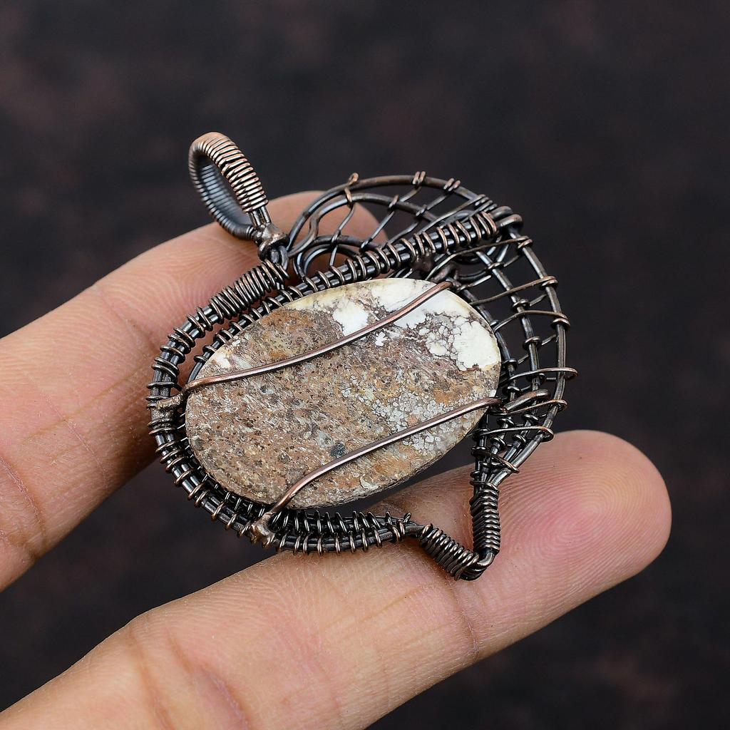 Подвеска из магнезита Wild Horse, обернутая медной проволокой, потрясающая подвеска из драгоценных камней, обернутая проволокой, ювелирное изделие, подарок для нее, медные украшения ручной работы