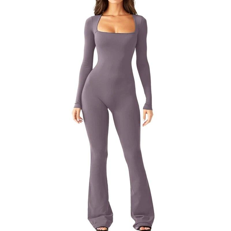 2024 Long Sleeve Square Collar Skinny Wide Leg Women Jumpsuits High Elastic Fashion Bodysuit Casual Solid Color Clothes 30648