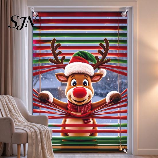 Christmas Party Background Decor Window Cover Banner with Santa Claus and Elk Patterns, Xmas Winter Holiday Home Peeking Ornament, Wall Hanging