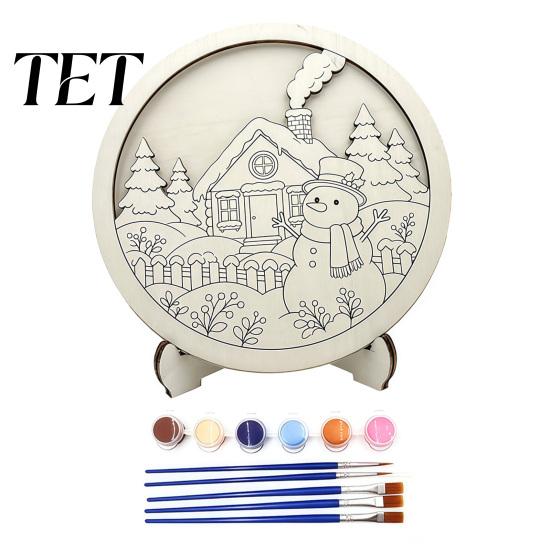Wooden Christmas Table Decor Ornament DIY Coloring Kit, Kit with Stand, Paint Holiday Activities Strip And Brushes, Hand-Colored Decoration Craft for