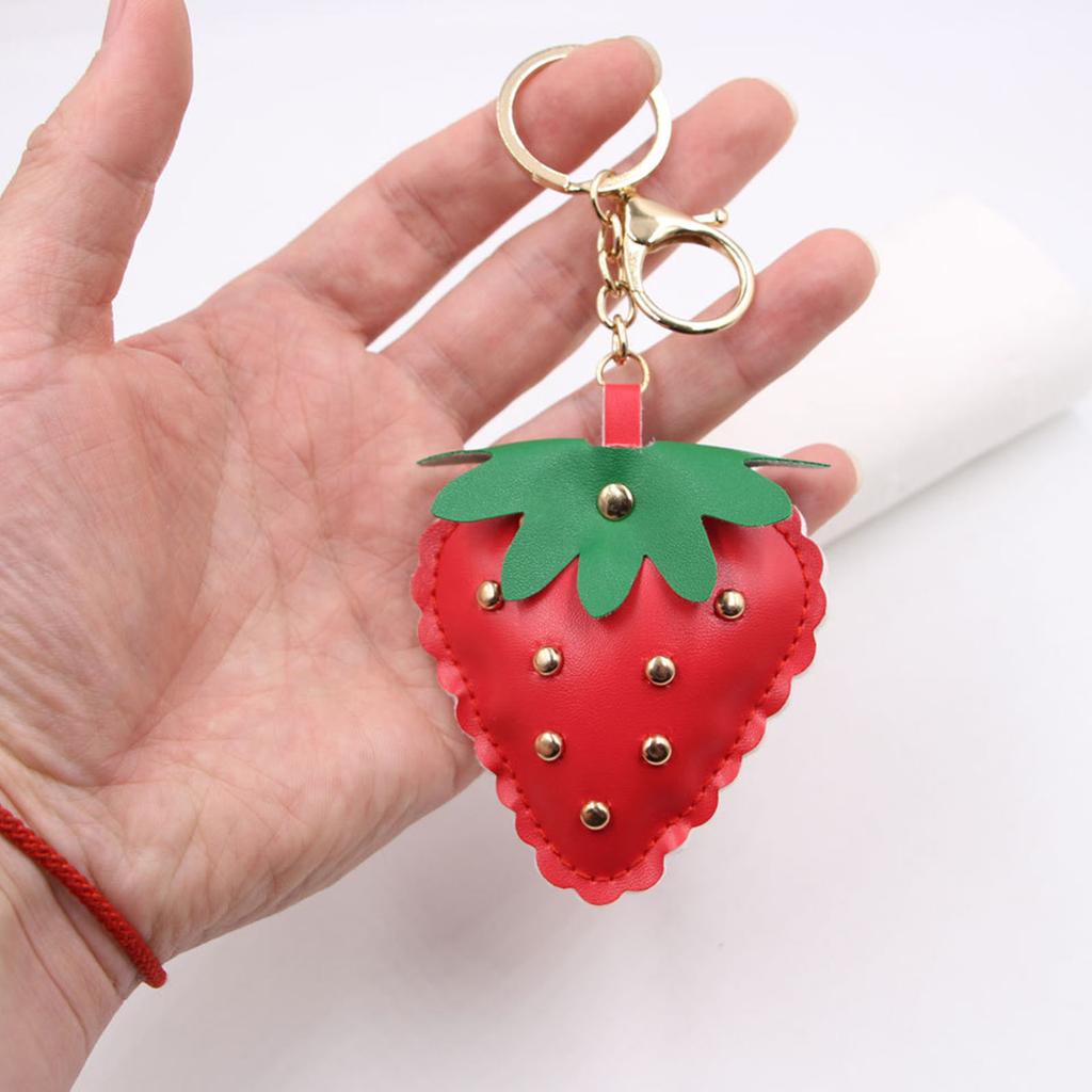 Studded Strawberry Car Keychain with Rivet Decoration PU Leather Key Ring Accessory Bag Pendant For Women Men