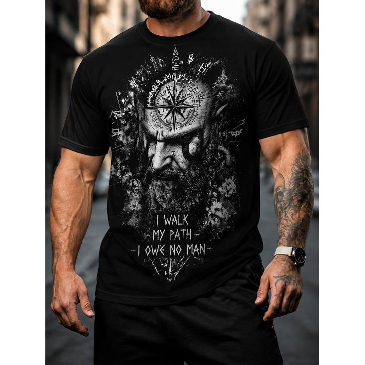 Men's Graphic T-Shirt With Viking Warrior Design, Short Sleeve Crew Neck Tee Featuring Compass And Runes, Bold Statement Shirt For Casual Wear