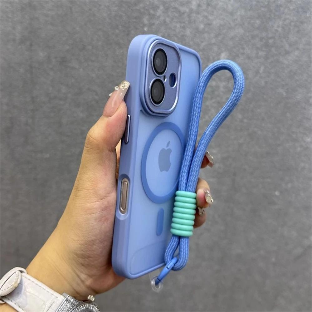 Для Magsafe Полупрозрачный Контрастный Чехол-Ремешок Для iPhone 17 Pro 16 15 Pro Max 14 11 Ремешок на Запястье Матовый Прозрачный Чехол