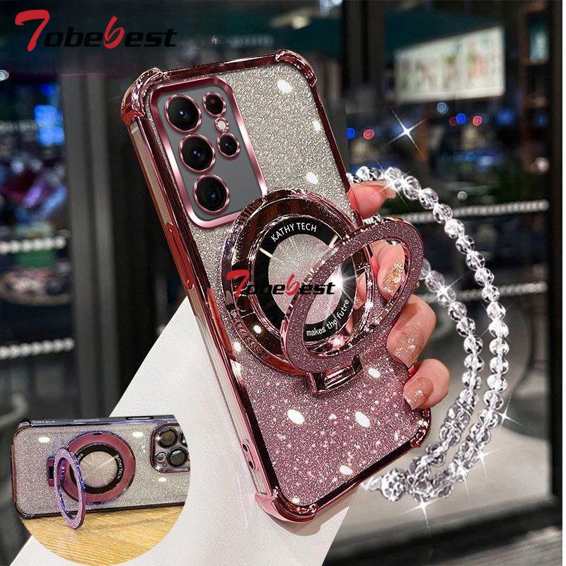 Противоударный чехол-подставка для телефона с кристальным браслетом с блестящим покрытием для Samsung Galaxy S25 S24 S23 S22 S21 S20 Ultra Plus FE