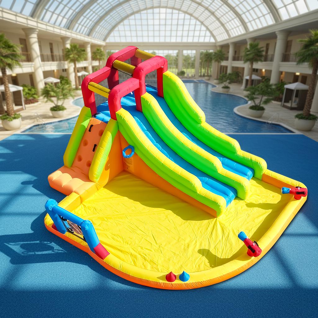 Inflatable Double Lane Inflatable Water Slide Bouncer Combo Bounce House with Water Pool,Trampoline,Shooting Net,Basket,Climbing