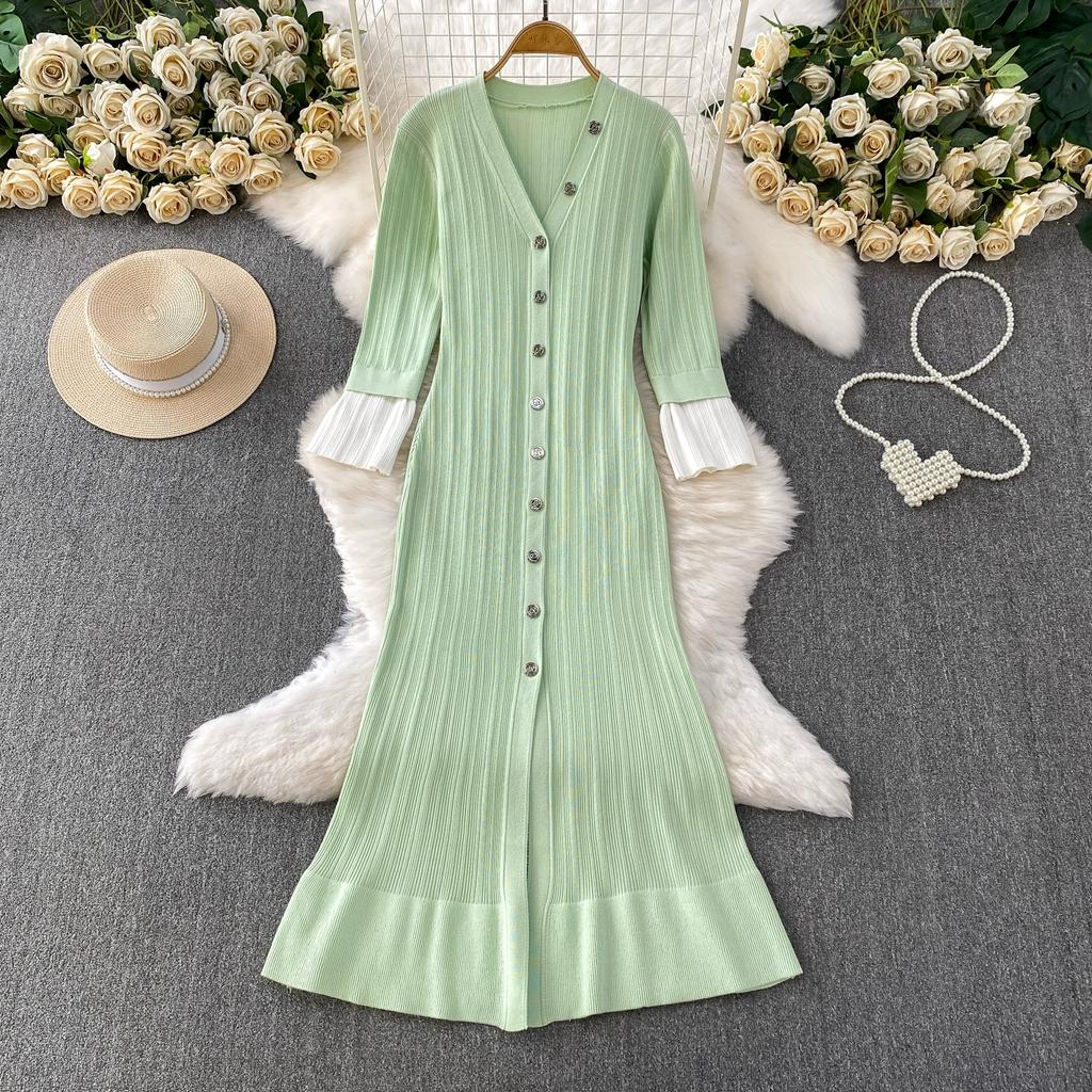 Autumn Winter Women V-neck Full Sleeve Knitted Pullover Sweater Party Long Maxi Mermaid Dresses