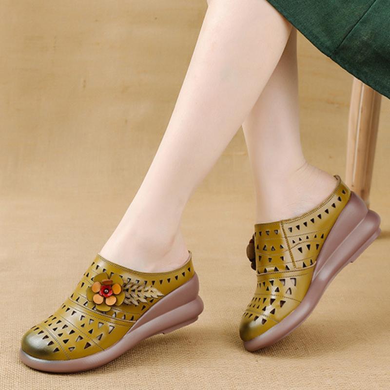 Johnature Женские тапочки из натуральной кожи с цветочным узором в этническом стиле, дышащая обувь на танкетке