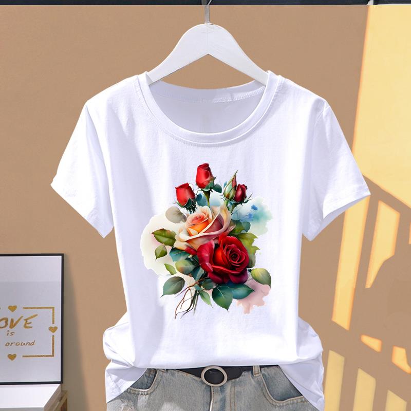 (Asian Size) Graphic Tee T Clothing Casual Fashion Trend Flower Cute 90s Print Female Casual  Women's Top Lady Short Sleeve T-shirt