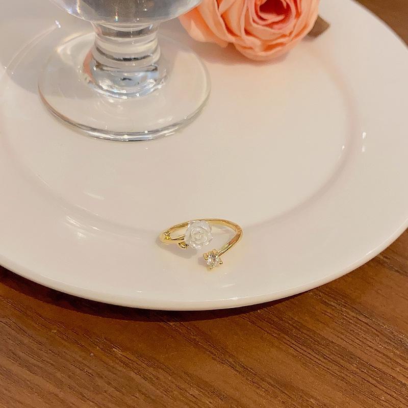 Korean Camellia Zircon Ring: Adjustable Open Design