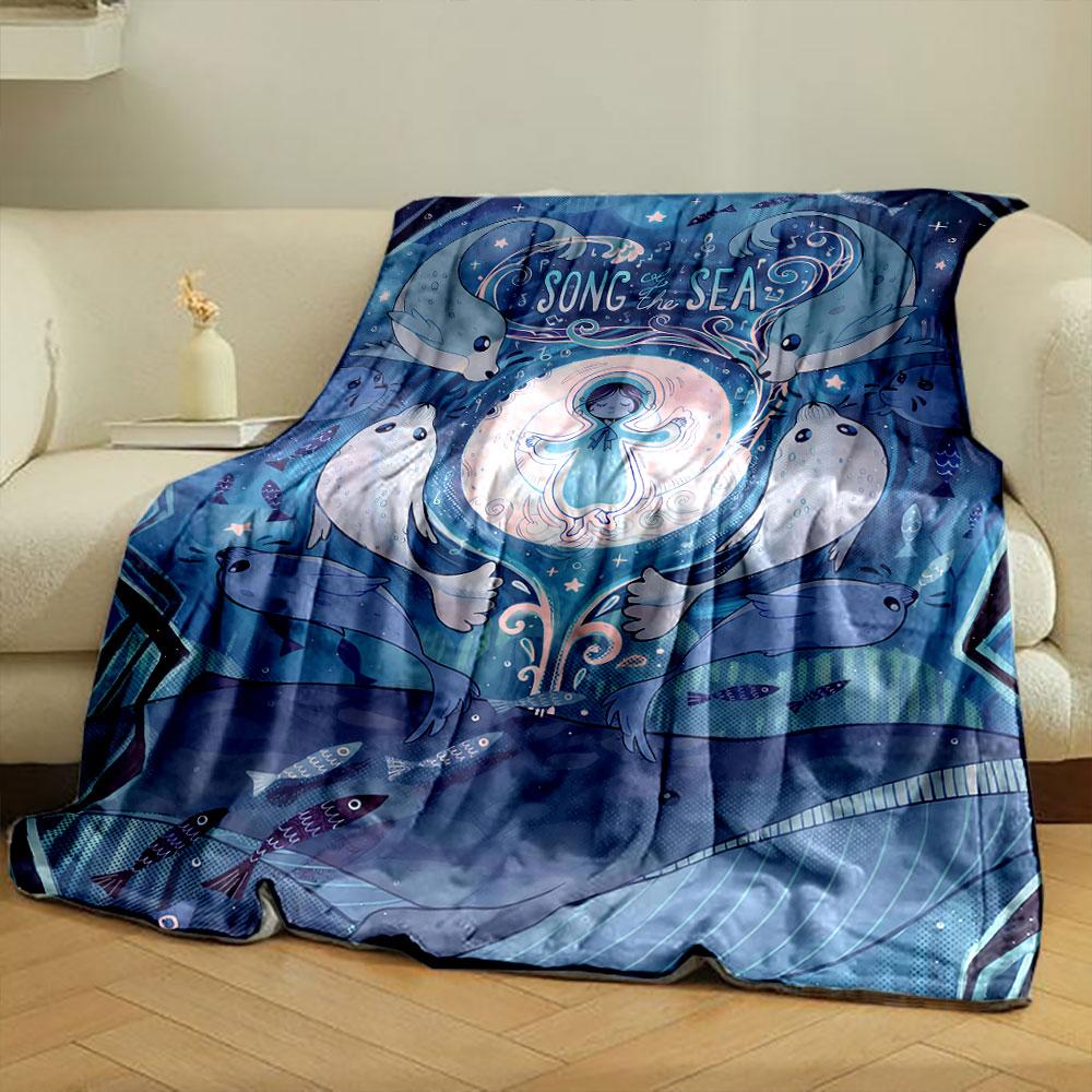 A magical underwater scene with seals, fish, and glowing swirling patterns. for all seasons blanket lunch break throw gift
