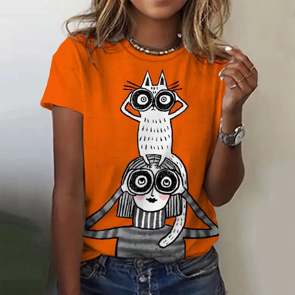Летняя женская модная футболка с забавным рисунком мультяшного кота, топы с круглым вырезом, футболки, женская одежда с коротким рукавом, женская повседневная повседневная одежда