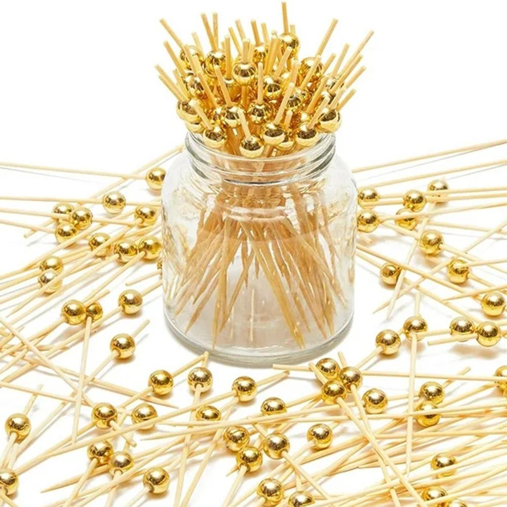 100/25Pcs Gold Pearl Cocktail Picks Food Fruit Picks Wedding Party Disposable Cake Dessert Cocktail Sticks Buffet Toothpick