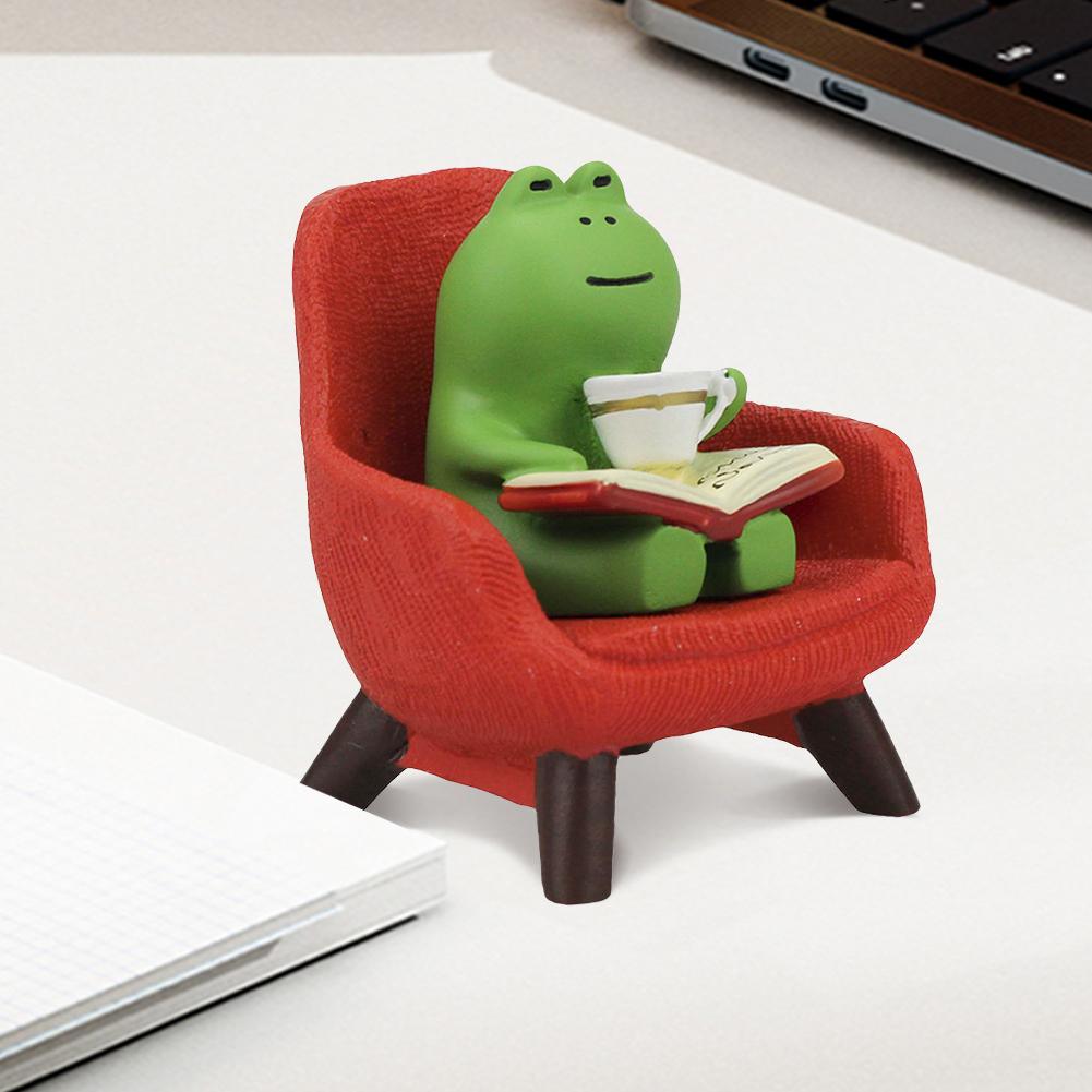 Frog Drinking Coffee Ornament Creative Funny Frog Reading Sculpture Miniature Frog Read Book Figurines for Shelf Desk Decoration