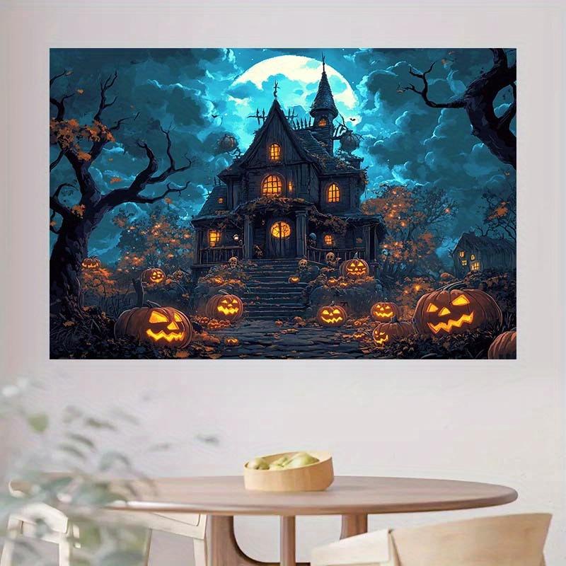 Ghost House Halloween Background Cloth - Non Electric Party Decoration Banner with Manor Pumpkin Lantern Full Moon and Bats