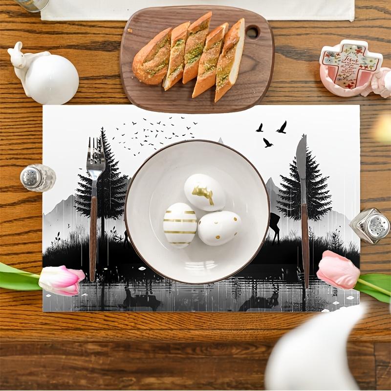 4pcs Black & White Forest Mountain Raindrop Placemats - Deer & Birds Silhouette Design, Durable Polyester 12x18 Inch Rectangular Table Mats for Indoor
