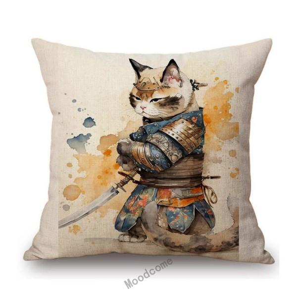Funny Cute Cat Samurai Catoon Home Decorative Sofa Throw Pillow Case Cotton Linen Car Chair Cushion Cover