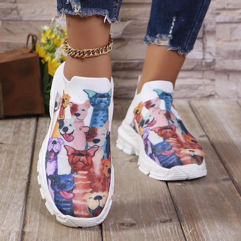 Cute Animals Printed Sock Shoes Women Comfortable Breathable Knitted Platform Sneakers Woman Slip On Thick Sole Walking Shoes 43