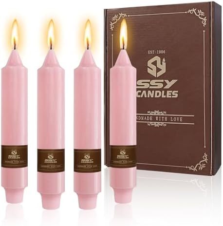 10 Inch Pink Handmade Taper Candles Unscented Colored Candle Set Pack 4 for 9-11 Hours Burn for Christmas