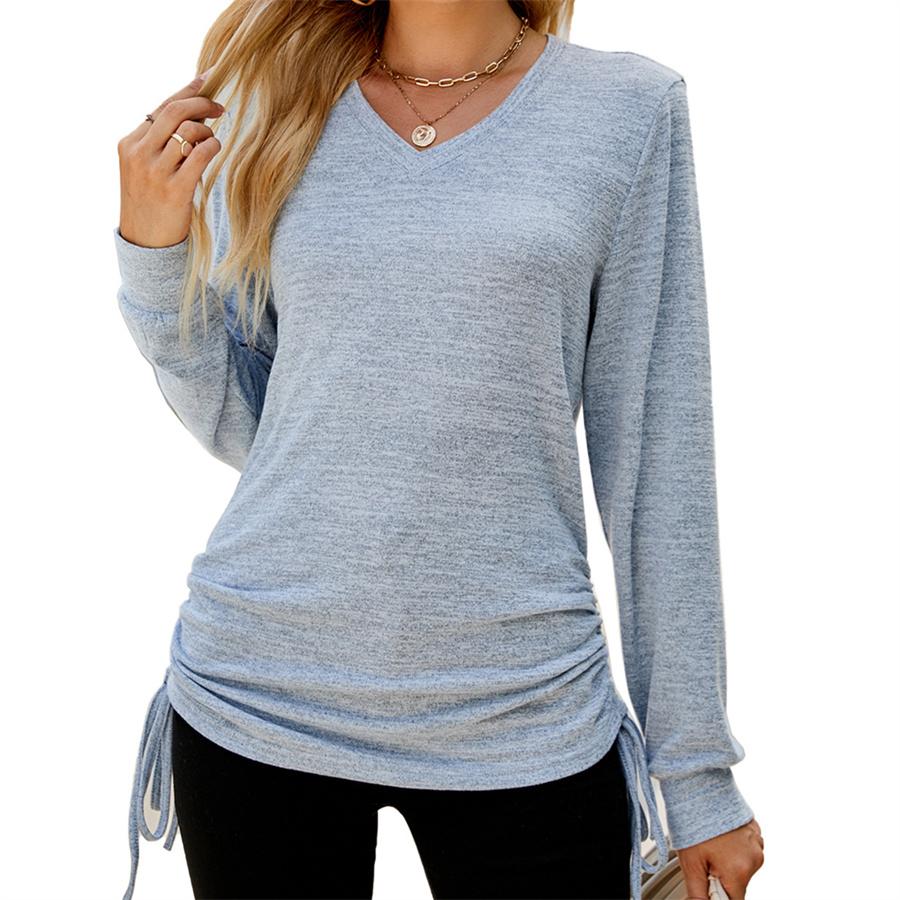 Осень-зима, однотонная плиссированная свободная футболка с длинными рукавами и v-образным вырезом, топ с завязками сбоку для женщин