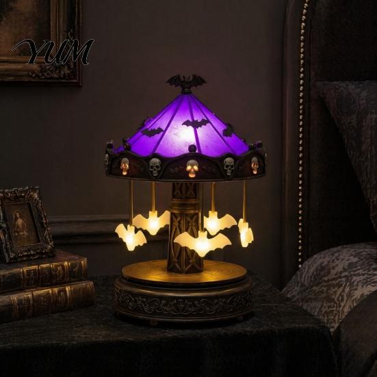 Niche Gothic Home Accents Halloween Ghost Carousel Lights, Stained Glass Night Light with Retro Copper Creative Projection Base, USB Rechargeable