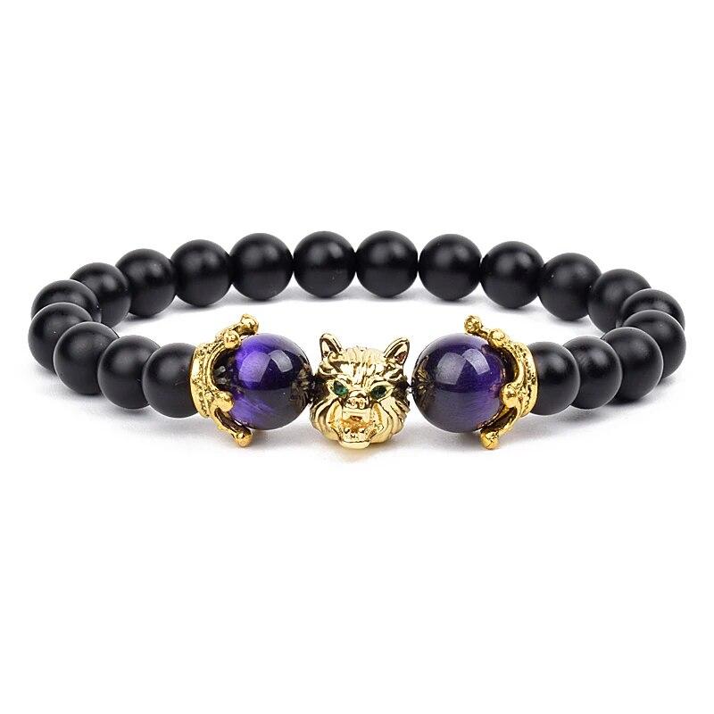 Браслеты-подвески с волком, мужские браслеты из натурального черного агата, оникса, храбрый синий тигровый глаз, эластичные бусины 8 мм, ювелирные изделия из бисера Pulsera
