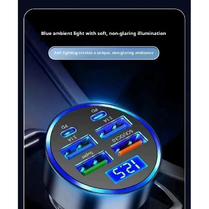 Fast Car Charger 6USB Ports Digital Display LED Cigarette Lighter Adapter Multi-Port Quick Charge For iPhone Samsung Xiaomi