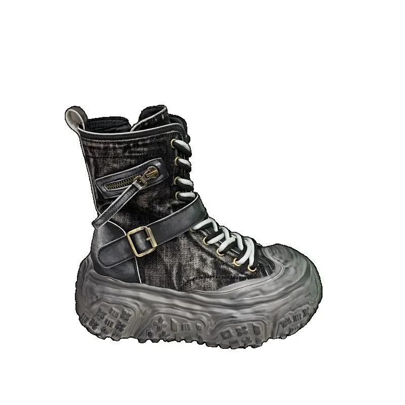 Платформа Высокий каблук Женская обувь Ковбойские мотоциклетные ботильоны Зимние ботинки для снега Челси 2025 Трендовый дизайнер джинсовые ботинки женские