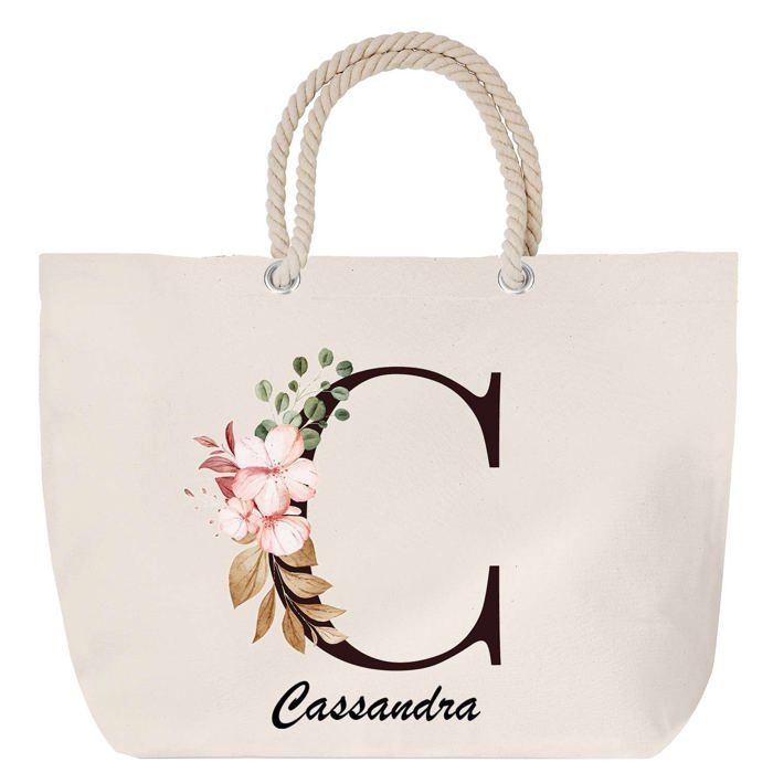 Sac de plage - PLANETEE - Cassandra - Anse corde - Lettre Fleur - Grand format