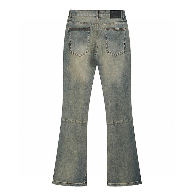 Mens Streetwear Denim Jeans With Embroidery Detail Slim Fit Flared Leg Mid-Rise Washed Cotton Blend Casual Wear