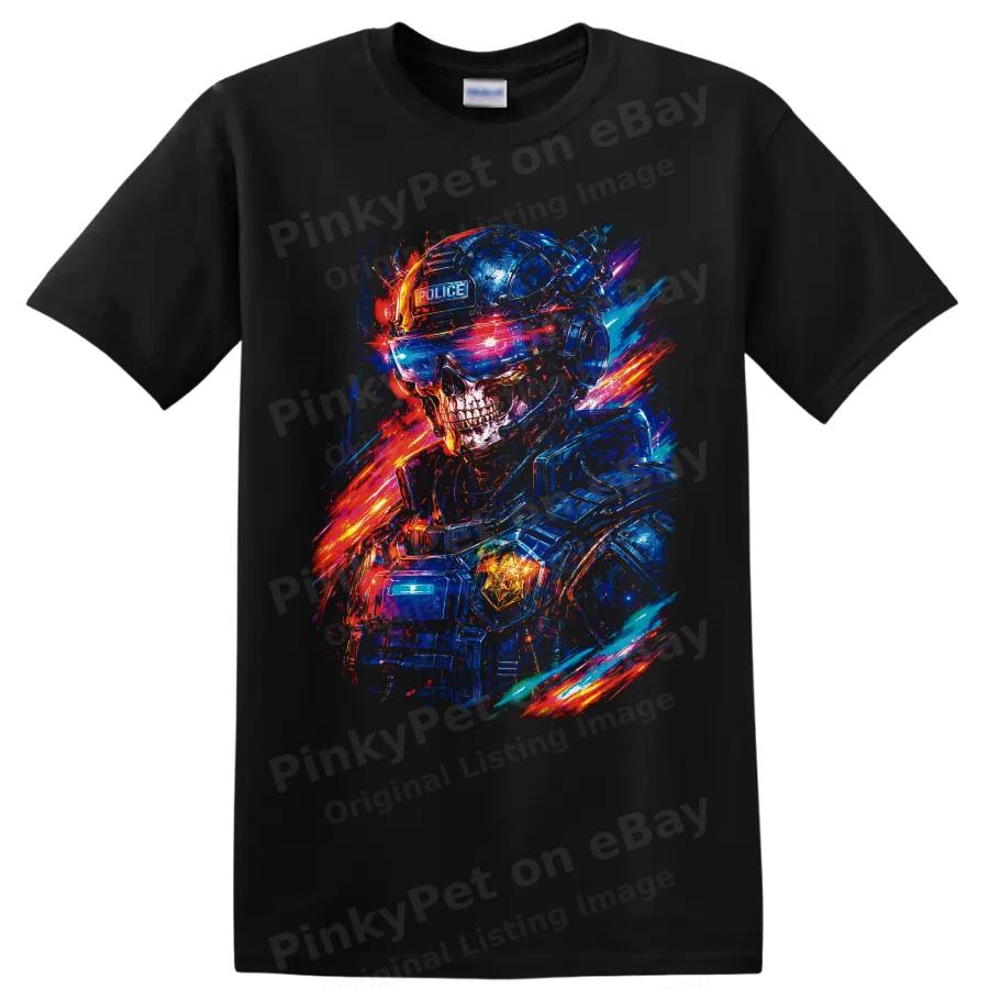Police Skull T Shirt Neon Cyberpunk Tactical Officer Graphic Halloween Tee Art
