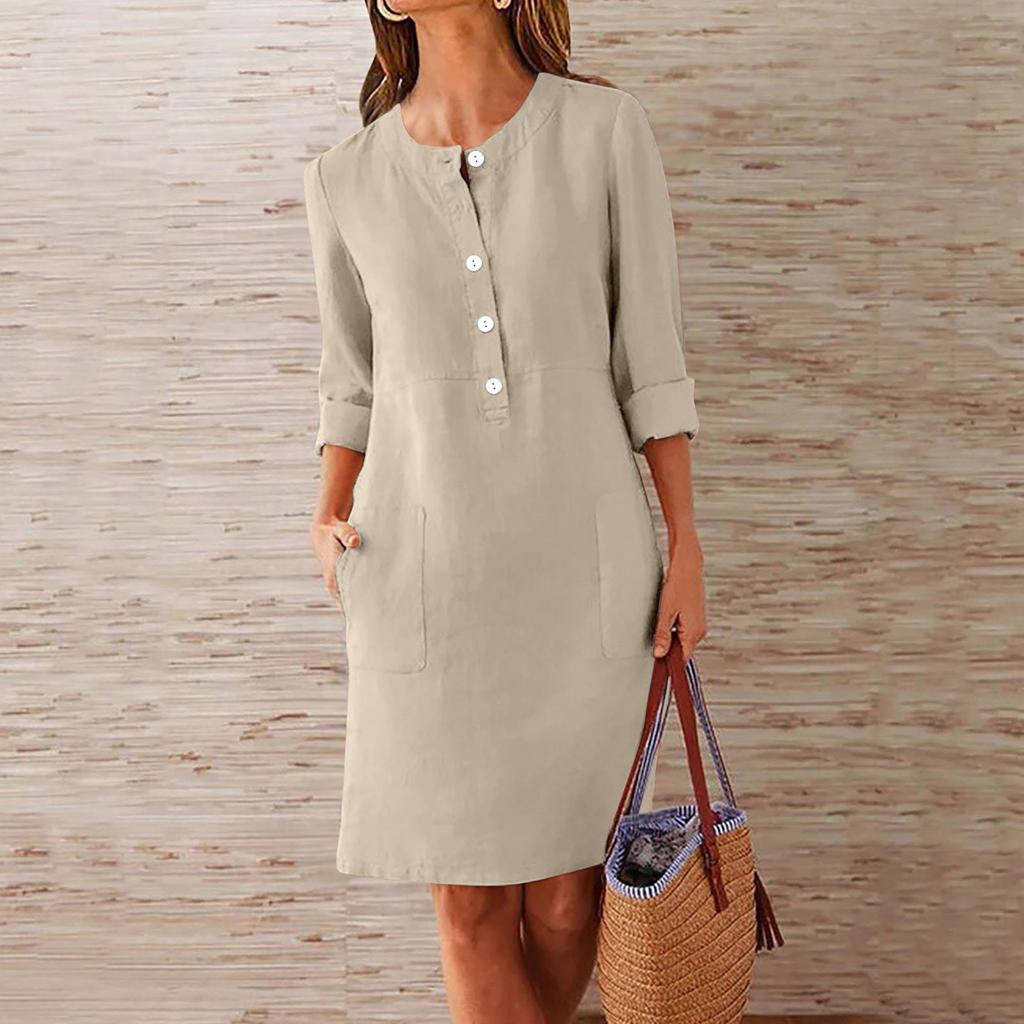 Женское большое свободное однотонное хлопковое льняное платье с круглым вырезом и короткими рукавами с карманами и пуговицами