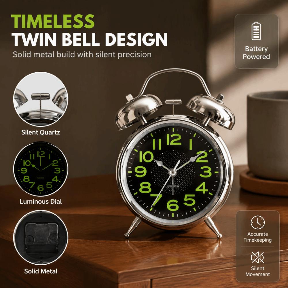 4 Inch Dial Luminous Alarm Clock Silver Battery Operated Alarm Clock For Office Decor