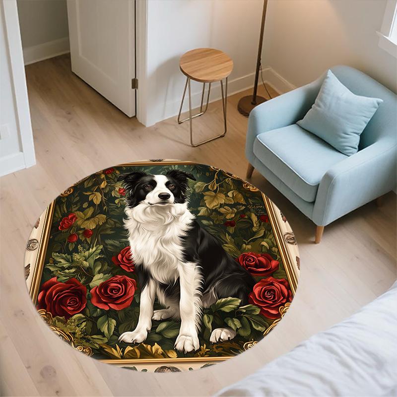 Rose Dog,Round Area Rug,Carpet Rug for Living Room Bedroom Sofa Playroom Decor,Non-slip Floor Mat