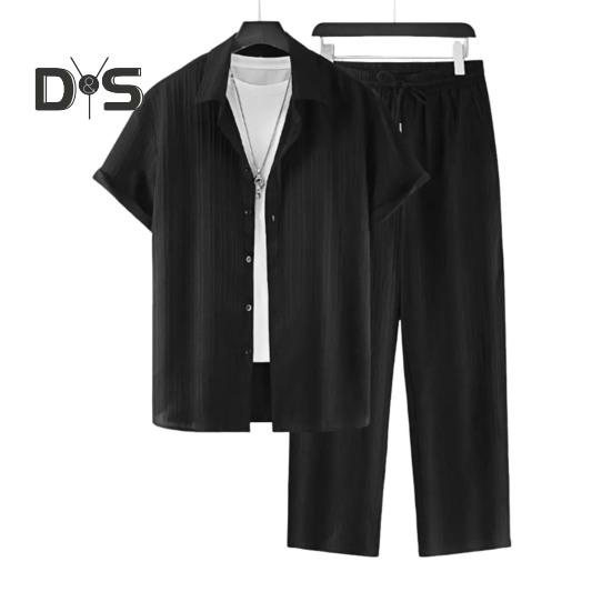 2 шт./комплект мужской повседневный наряд однобортная рубашка с лацканами короткий рукав эластичный пояс длинные брюки комплект однотонный наряд