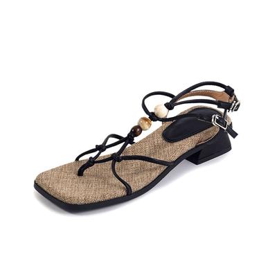 Летние сандалии из овчины размера 40 с ремешками на щиколотке с пряжками, на среднем толстом каблуке, в богемном стиле, женские сандалии с открытым носком